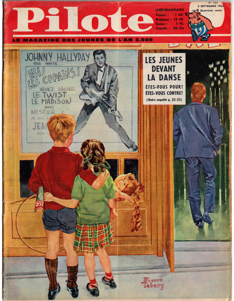 This Norman Rockwell hommage (or is it a parody) encapsulates the position of the early Pilote perfectly: still depicted in a classical mode, young French children gazing at the rebellious future as symbolized by French rock star Johnny Hallyday.