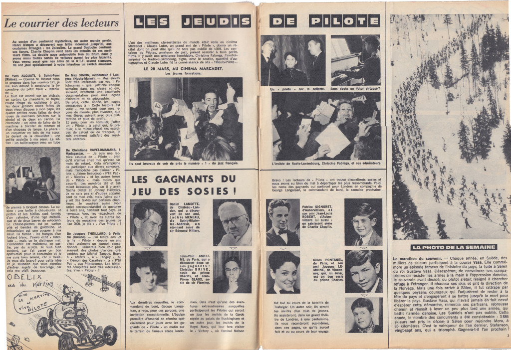 From March 1963, "Les Jeudis de Pilote," a feature that included letters to the editor, articles on sports and pop music, and a contest for readers to send in photos of themselves resembling celebrities like Charlie Chaplin or the Prince of Wales (below)