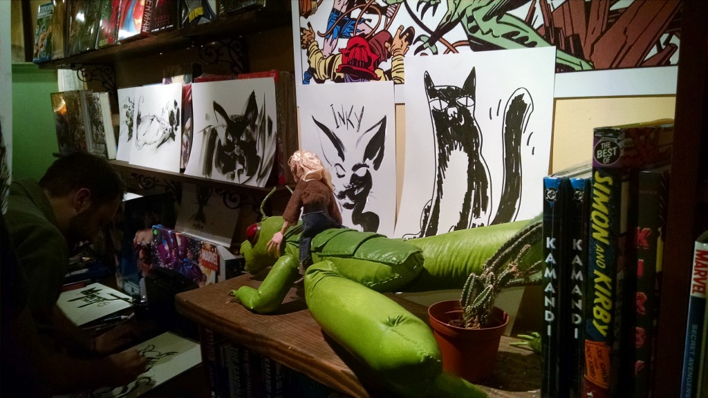 Some of the drawings from the impromptu competition. From right: Benton's, Haspiel's, Pope's... that's all I can id.
