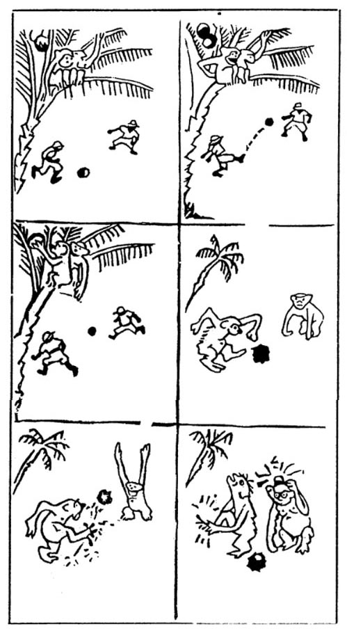 Le Match de Jako et Mako, by Louchet (writer) Paul Lomani (art), La Croix du Congolais, 1933. The first known comic drawn by an African, this one-shot script has been interepreted as a racist metaphor: the monkeys who imitate soccer players representing Africans trying to become like Europeans